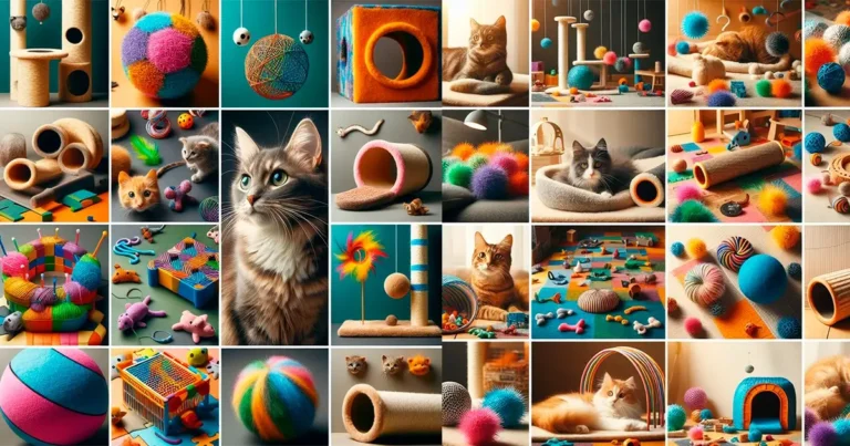Imagen collage de juguetes para gatos, tambien se encuentra un gato de color gris con blanco y de ojos verdes, asi como dos gatos más color naranja y uno gris, todo al lado de sus juguetes para gatos.