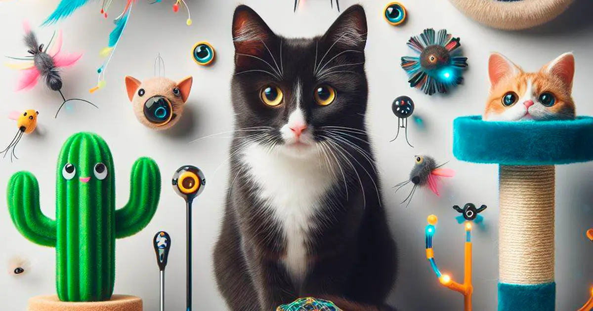 Gato de color negro mancha blanca en el pecho al lado de varios juguetes para gatos. Tambien hay otro gato naranja escondido que solo asoma su cabeza.