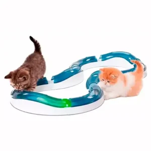 Gato de color gris jugando con un gato de color naranja con blanco con el juego para gatos de circuito interactivo con pelotas de Catit Design Senses.