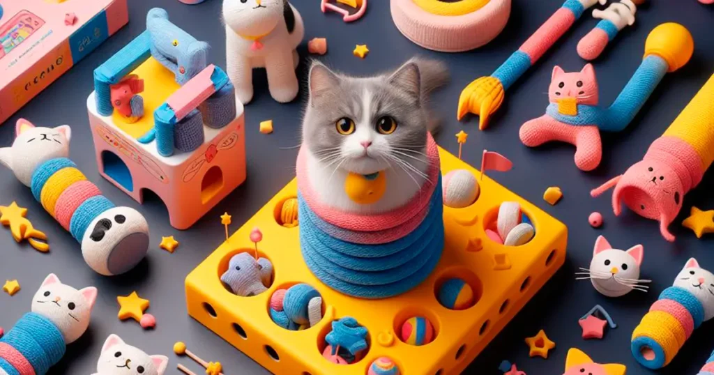 Gato Gris con blanco rodeado de Juguetes como: arrascadores, peluches, ratones, atrapa ratones, etc.